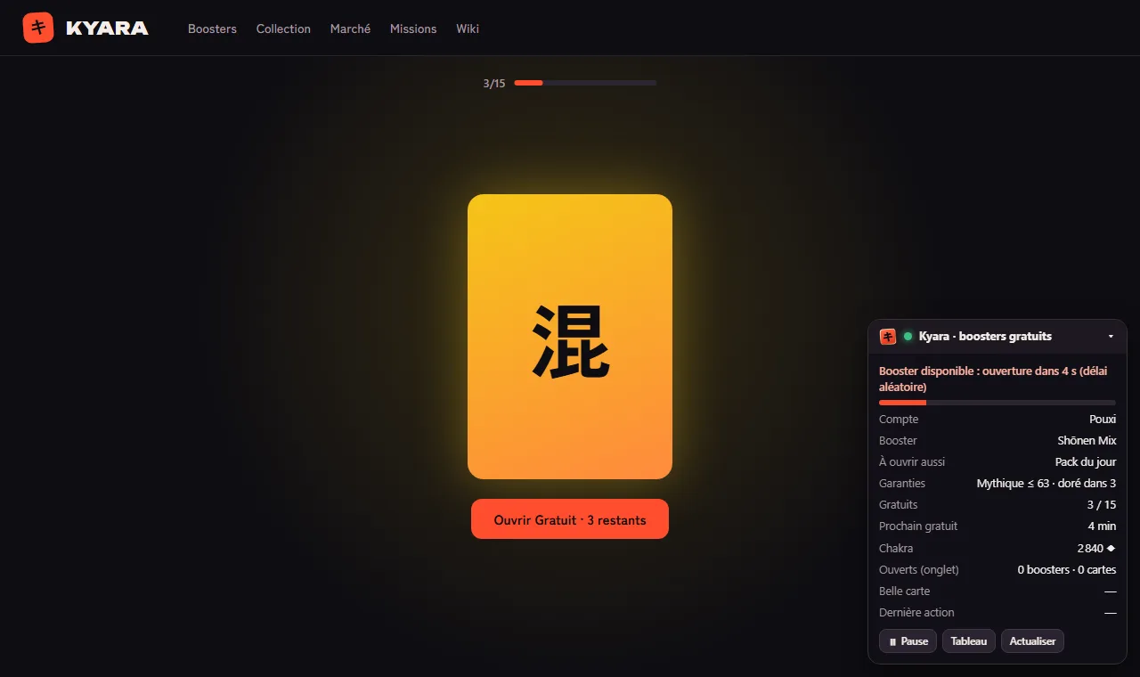 Le panneau de l'extension sur la page d'un booster Kyara